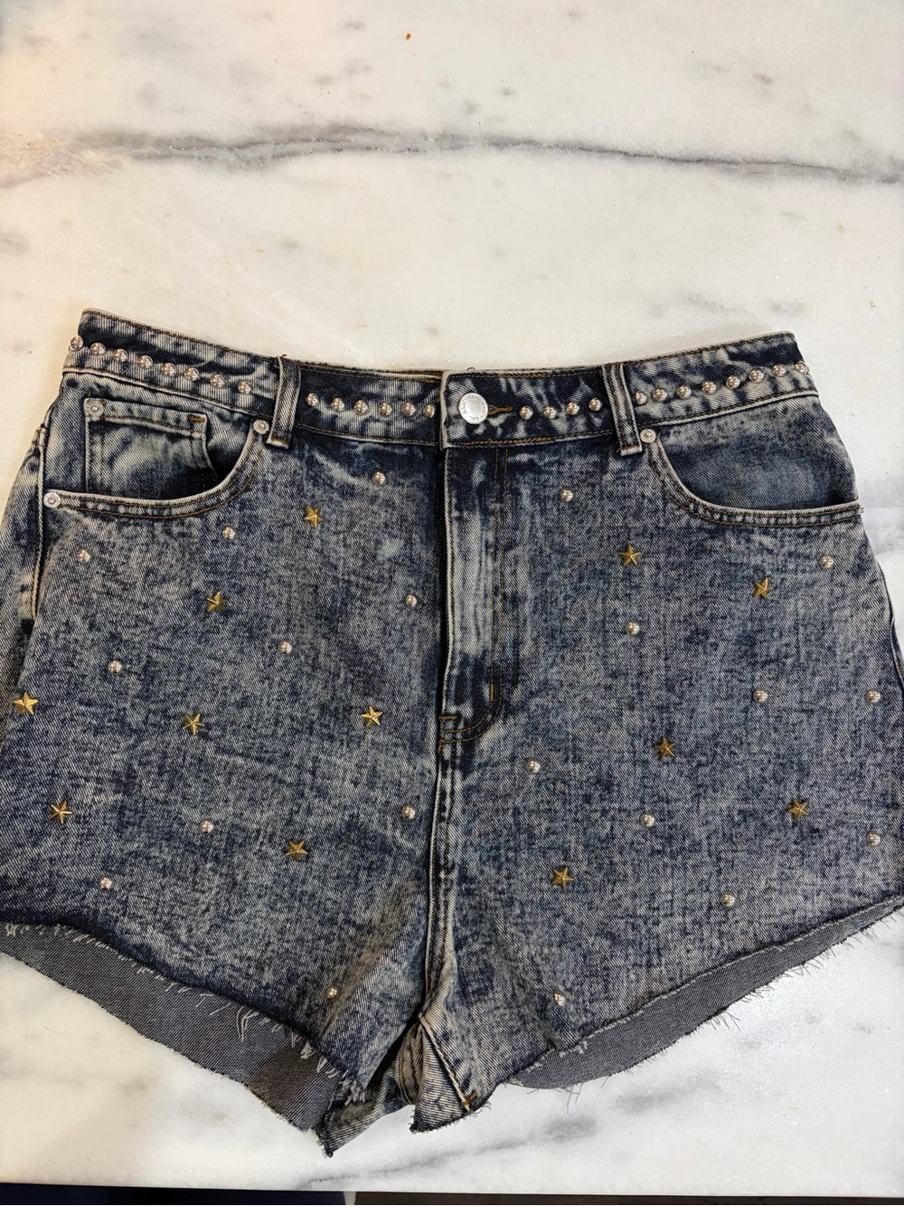 Nasty Gal Washed Denim Shorts with Gold Star & Silver Studs
